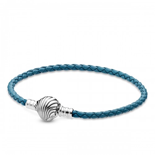 Pandora Moments Seashell Clasp Turquoise Braided Leather Bracelet