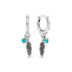 Pandora Turquoise Hearts and Feather Hoop Earrings