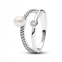 Pandora Treated Freshwater Cultured Pearl & Pavé Double Band Ring Pandora Treated Freshwater Cultured Pearl & Pavé Double Band Ring