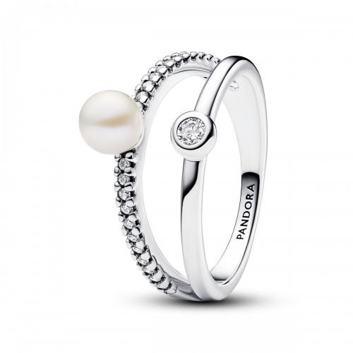 Pandora Treated Freshwater Cultured Pearl & Pavé Double Band Ring Pandora Treated Freshwater Cultured Pearl & Pavé Double Band Ring
