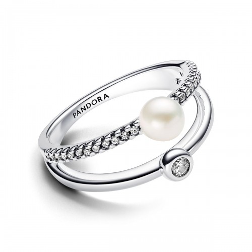 Pandora Treated Freshwater Cultured Pearl & Pavé Double Band Ring Pandora Treated Freshwater Cultured Pearl & Pavé Double Band Ring