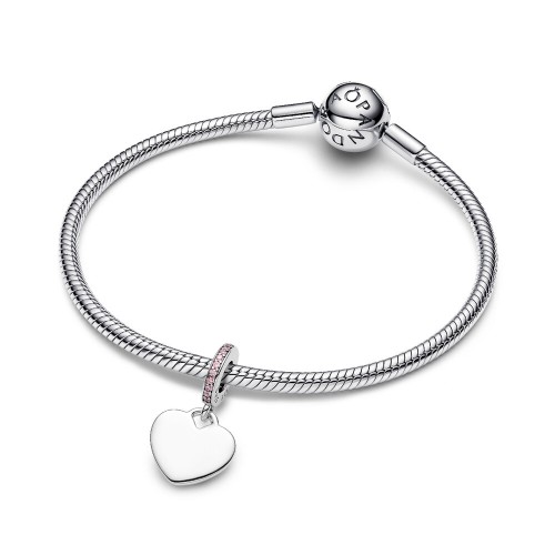 Pandora Engravable Heart Pink Stone Dangle Charm Pandora Engravable Heart Pink Stone Dangle Charm