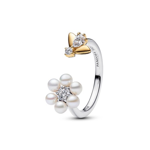 Pandora Bridgerton Bee & Treated Freshwater Cultured Pearl Flower Open Ring
