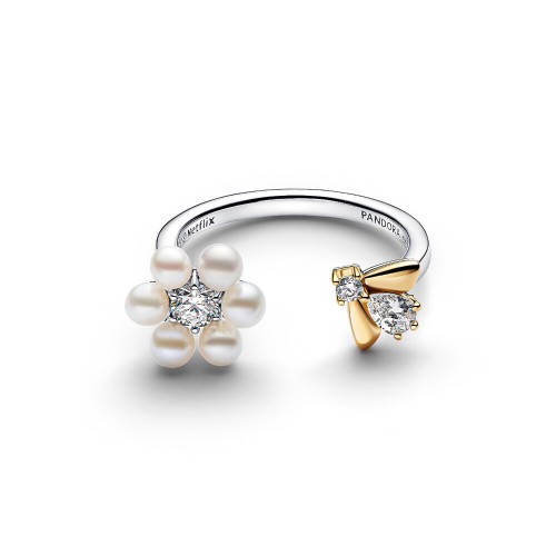 Pandora Bridgerton Bee & Treated Freshwater Cultured Pearl Flower Open Ring